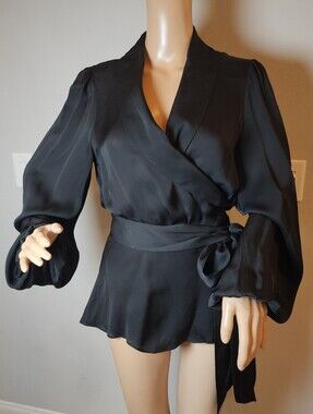 Size Small Tall Banana Republic Black Satin True Wrap Blouse Top Long Sleeve ST